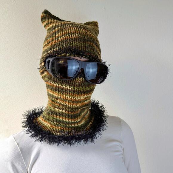 Forest Brown Grunge Fuzzy Knitted Handmade Cat Ears Balaclava Winter Hat - Picture 1 of 7